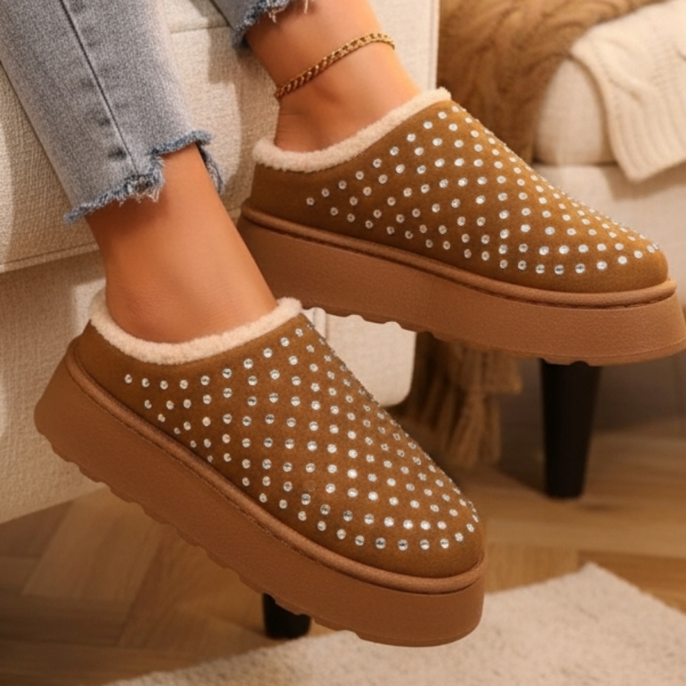 Sparkling Rhinestone Slippers Shoes Faux Fur Vegan Suede Platform Winter House